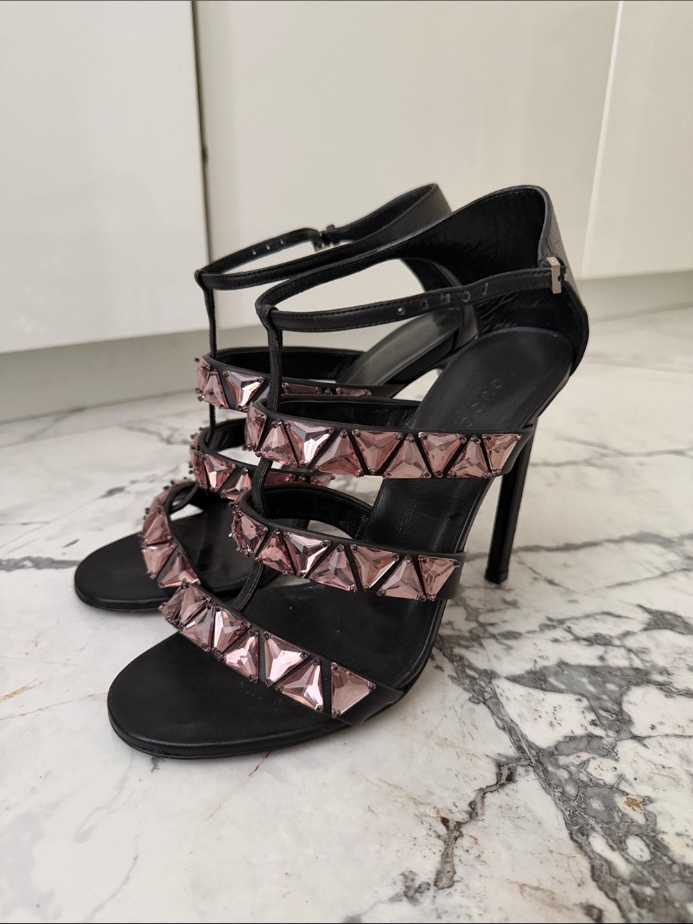 Gucci Black Strappy Stiletto Sandals with Pink Gem Accents